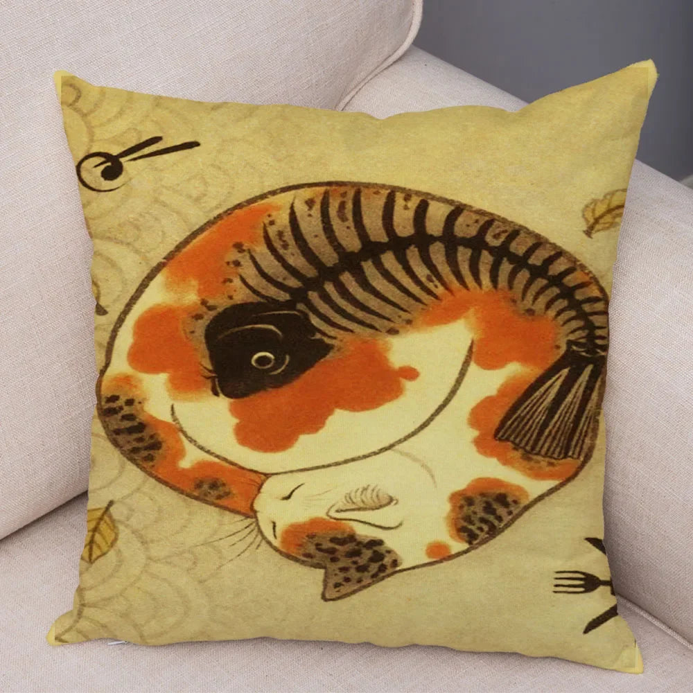 Vintage Japanese Samurai Cat Tattoo Cushion Cover Decor Retro Animal Pillowcase Sofa Home Car