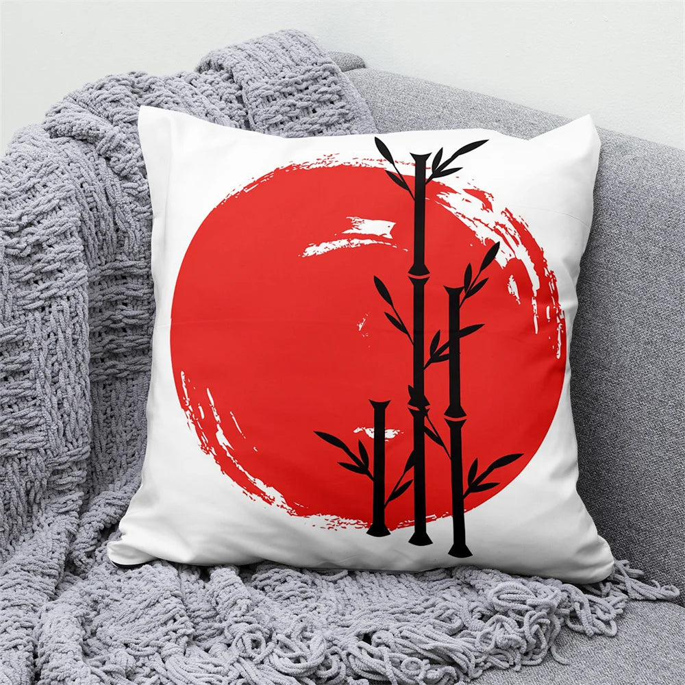 Lucky Cat & Mount Fuji Cushion Cover — Japanese Art Pillow