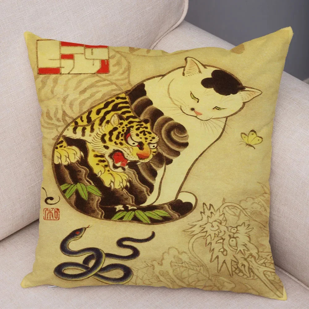 Vintage Japanese Samurai Cat Tattoo Cushion Cover Decor Retro Animal Pillowcase Sofa Home Car