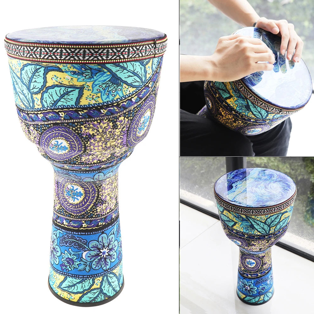African Djembe Drum — 8.5 Inch Hand Drum with Colorful Cloth Art