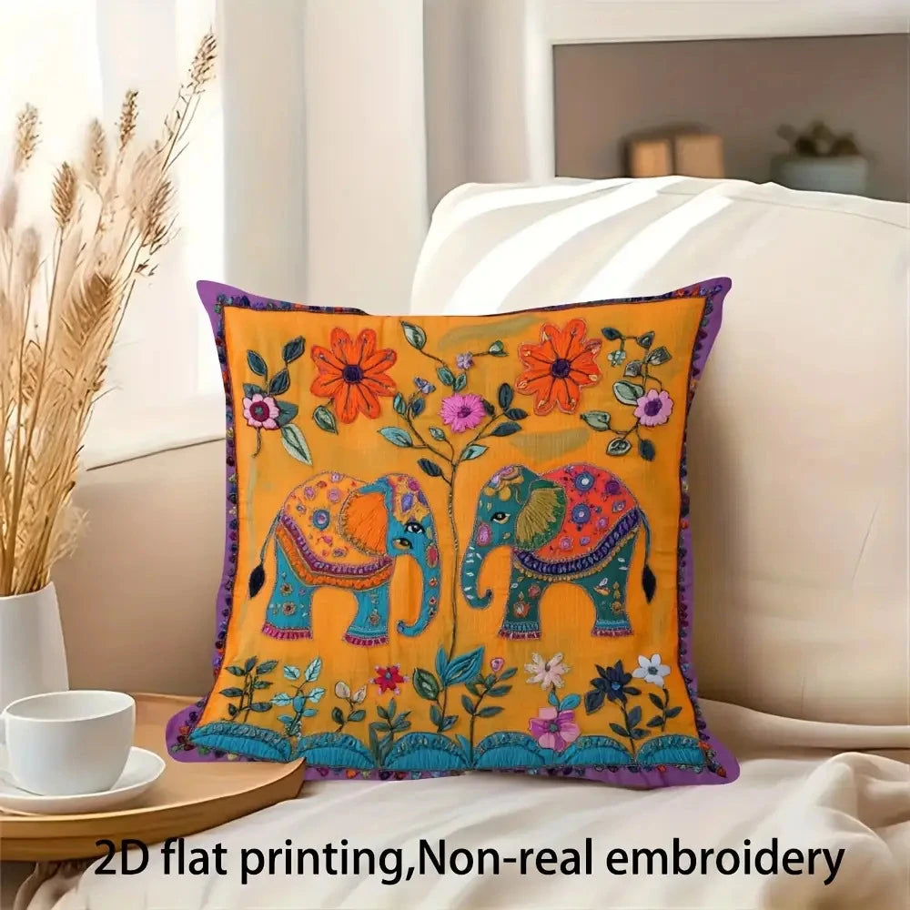 2D flat- # Bohemian Twin Elephant Floral Square Throw Pillow Cover Decorative Cushion Case for Home Sofa Bedroom