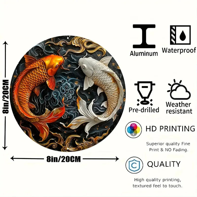 Vintage Koi Fish Round Metal Wall Art — Japanese Pond Décor Sign