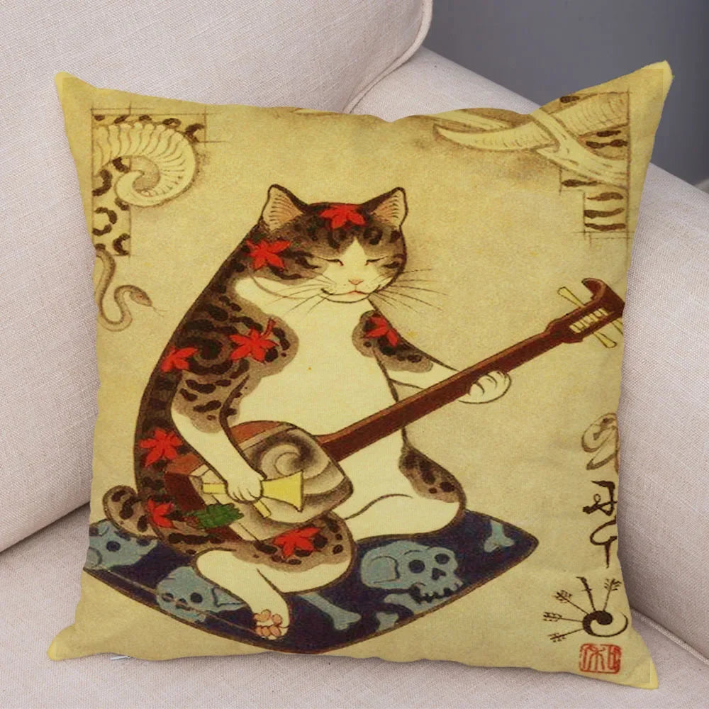 Vintage Japanese Samurai Cat Tattoo Cushion Cover Decor Retro Animal Pillowcase Sofa Home Car