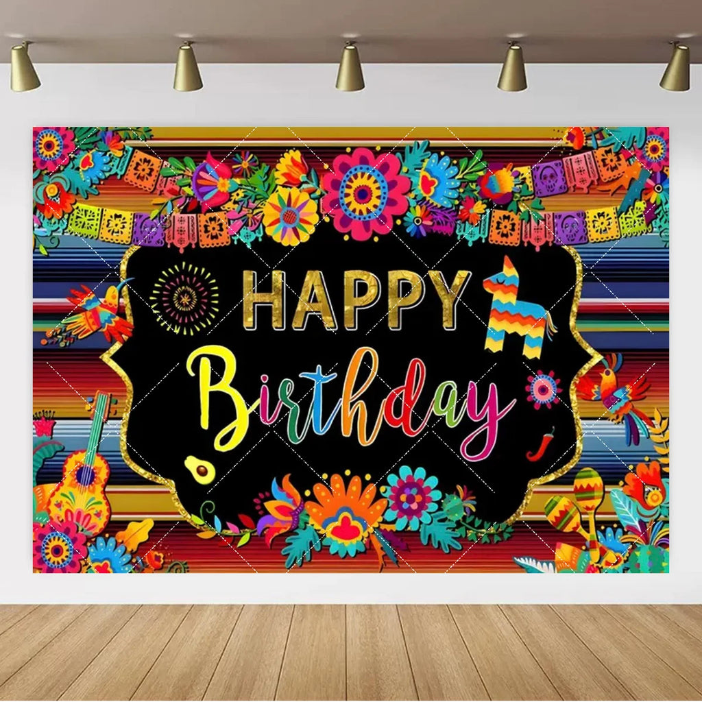 Mexican Fiesta Photo Backdrop — Cinco de Mayo Cactus & Guitar Party Banner