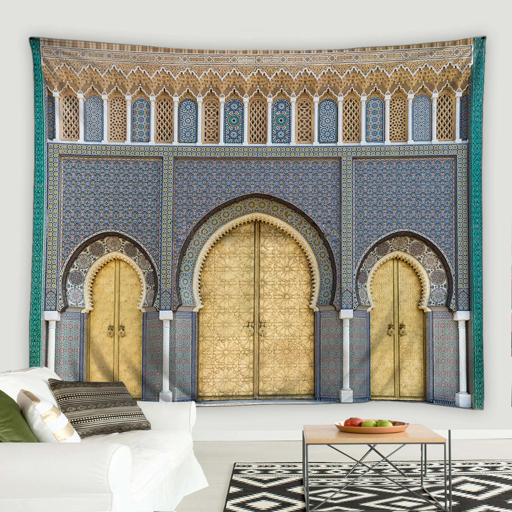 Blue Moroccan Arch Tapestry — Islamic Geometric Wall Hanging