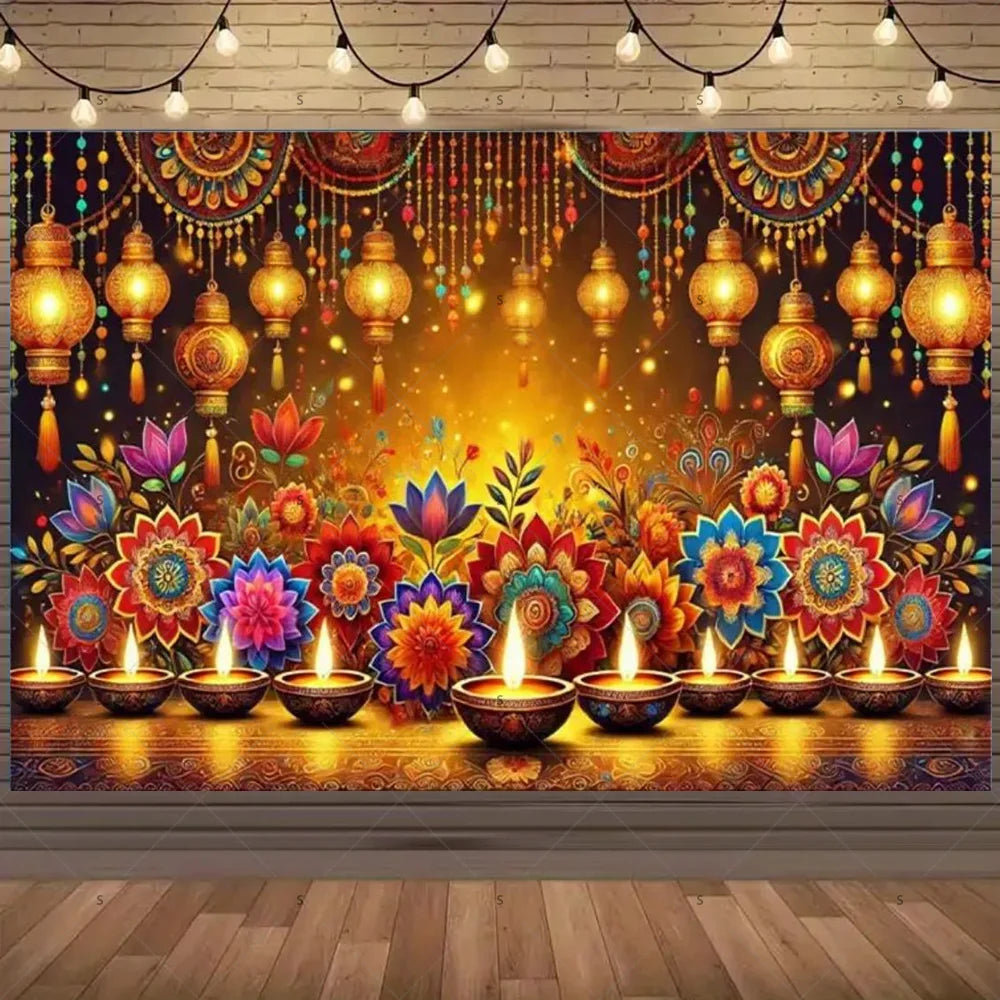 Happy Diwali Backdrop — Diya & Lotus Festival Photo Banner, 25 Designs