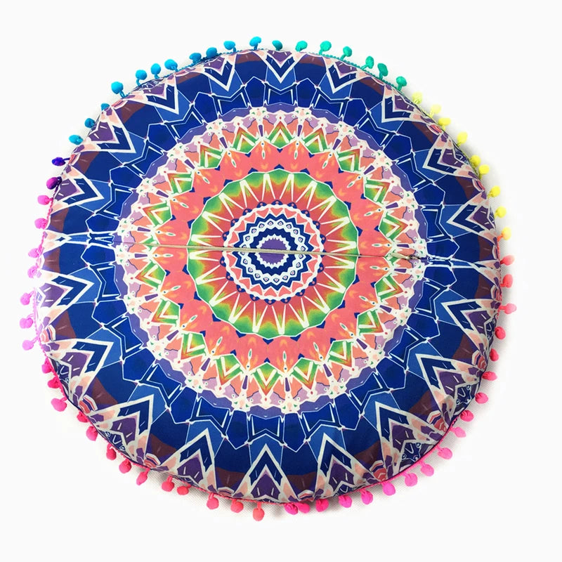 Indian Mandala Round Floor Cushion Cover — Boho Pom-Pom Pouf Cover