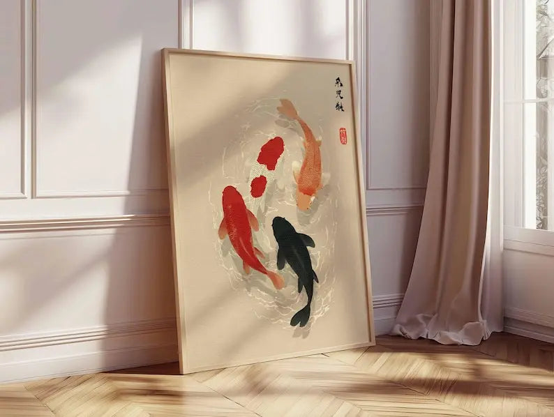 1pc Japanese Koi Fish Poster, Minimalist Asian Wall Art, Unframed Japandi Zen Water Canvas Painting for Living Room Decortion