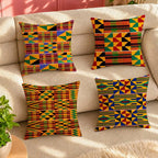 Four kente pattern cushion covers on a sofa