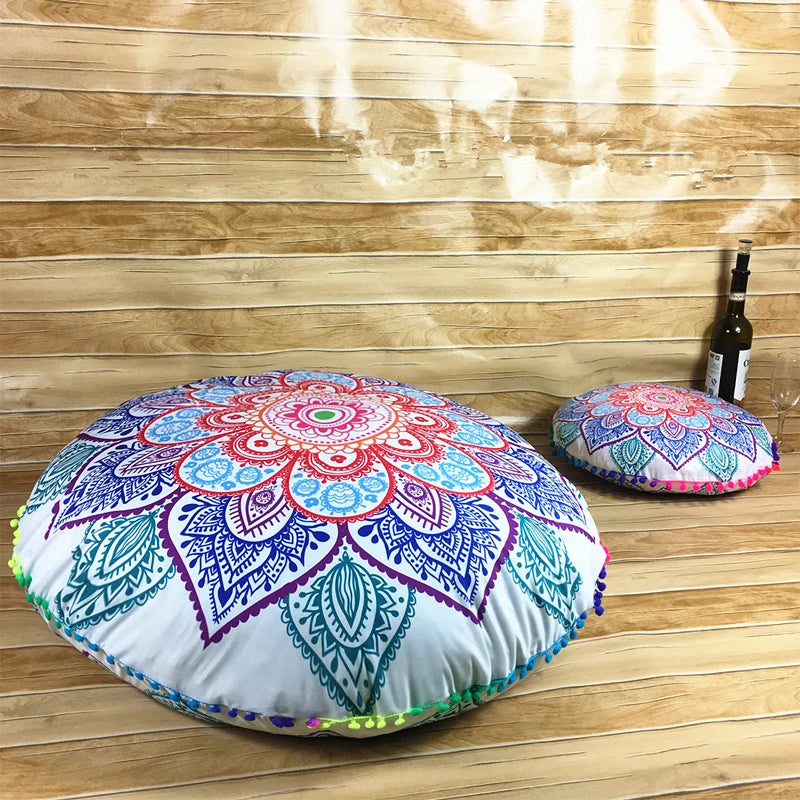 Indian Mandala Round Floor Cushion Cover — Boho Pom-Pom Pouf Cover