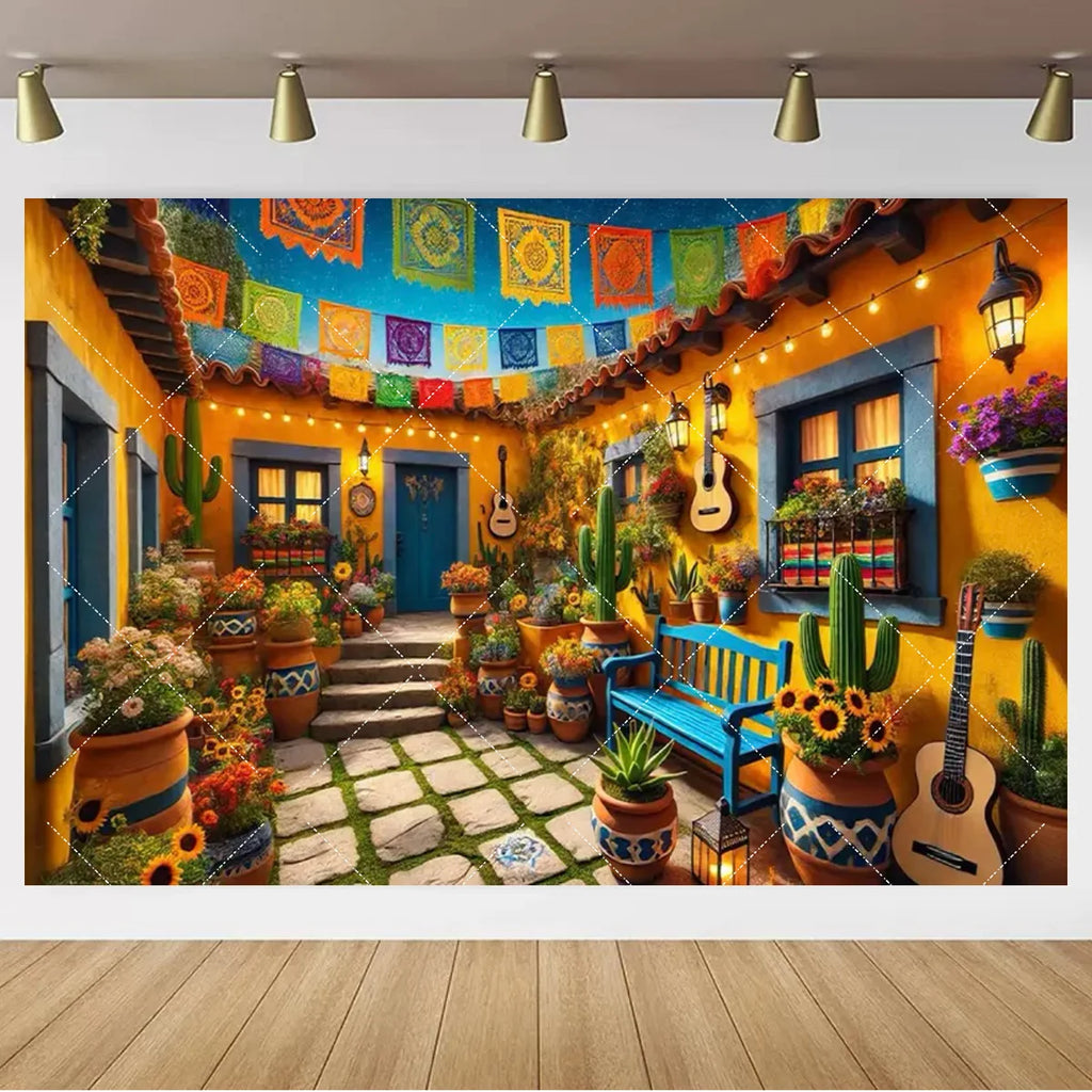 Mexican Fiesta Photo Backdrop — Cinco de Mayo Cactus & Guitar Party Banner