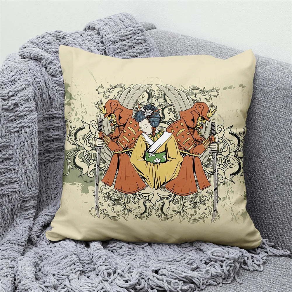 Lucky Cat Japanese Style Sofa Bed Decorative Pillow Cover Home Decor Mount Fuji  Art Cushion