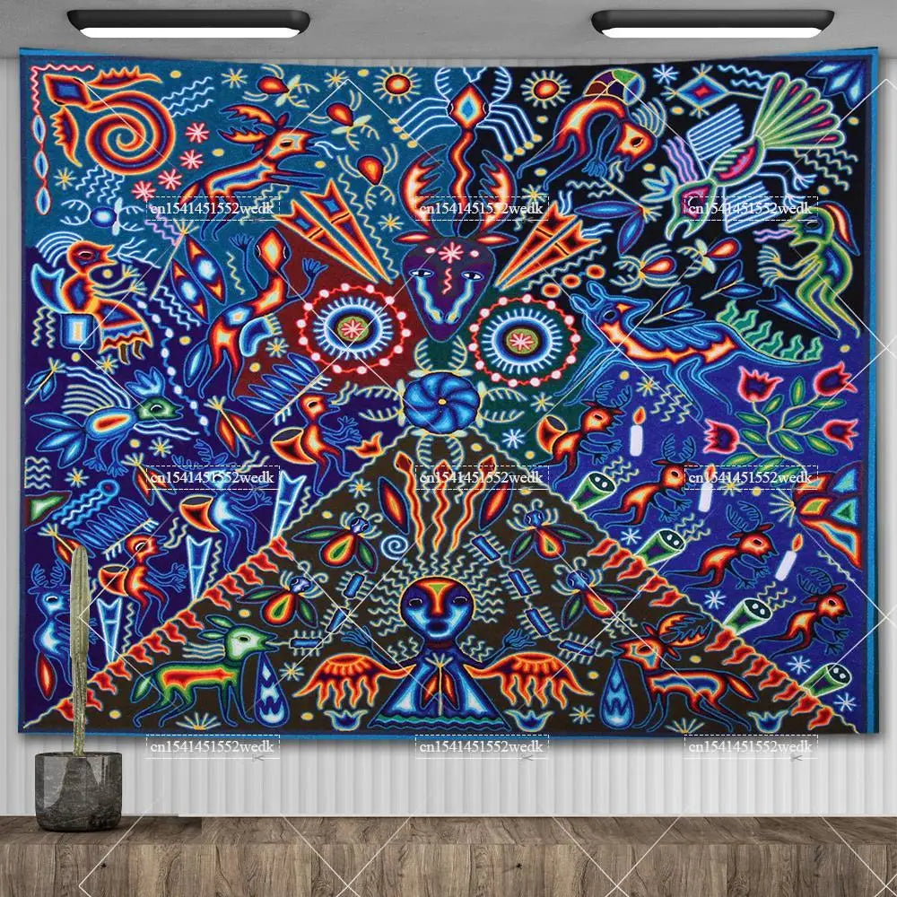 Huichol-Inspired Mexican Yarn Art Tapestry Wall Hanging – Vibrant Mandala Home Decor
