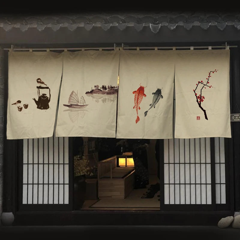 Japanese Tea Room Noren Curtain — Koi Fish & Kanji Calligraphy Panel Set