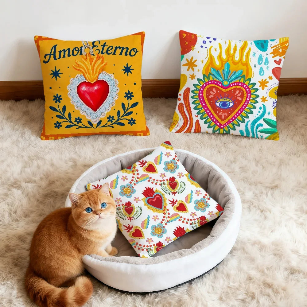 Milagro Sacred Heart Pillow Cover — Mexican Folk Art Cushion Cover