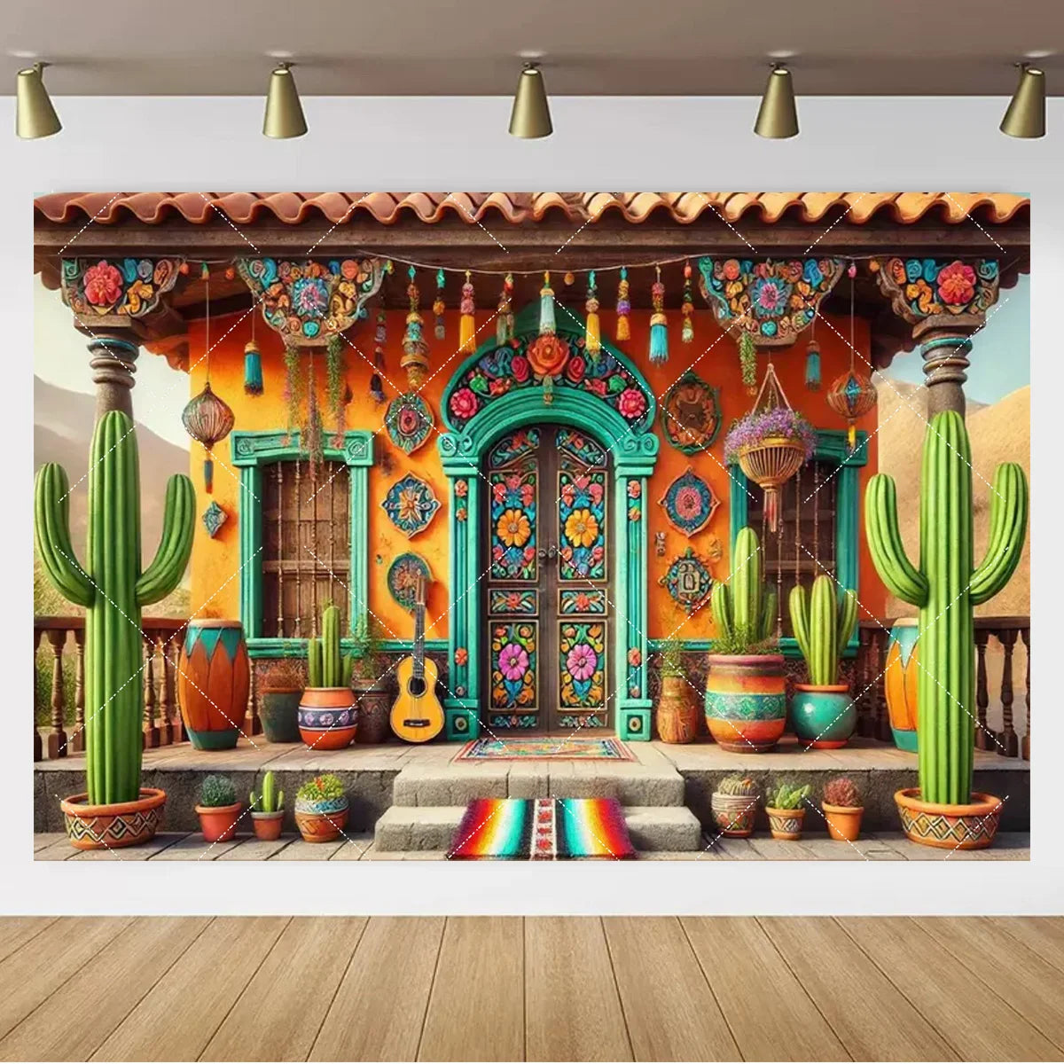 Mexican Fiesta Photo Backdrop — Cinco de Mayo Cactus & Guitar Party Banner