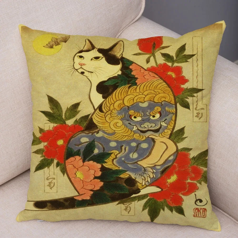 Vintage Japanese Samurai Cat Tattoo Cushion Cover Decor Retro Animal Pillowcase Sofa Home Car