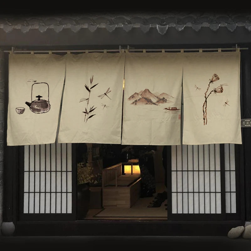 Japanese Tea Room Noren Curtain — Koi Fish & Kanji Calligraphy Panel Set