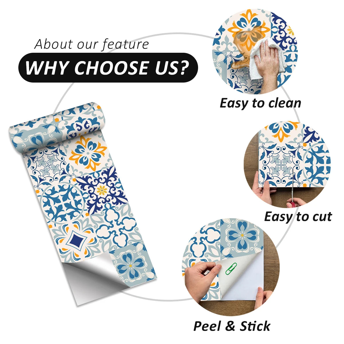 Moroccan Vintage Floral Tile Stickers, Self-Adhesive Moisture-Resistant, Removable Vinyl Home Decor for Kitchens, Bathrooms