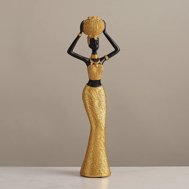 African Woman Vessel Sculpture — Black & Gold Resin Décor