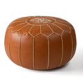 Moroccan Leather Pouf Cover — Hand-Embroidered Round Ottoman, Unstuffed