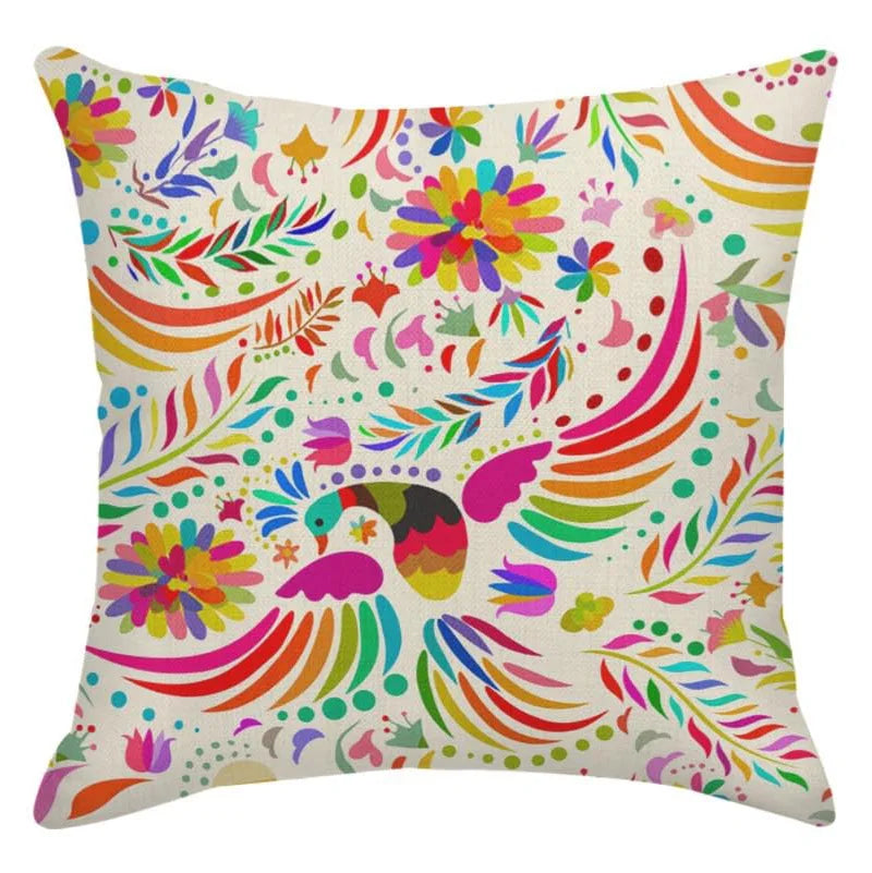Otomi-Inspired Bird & Floral Pillow Cover — Mexican Folk Art Cushion Cover