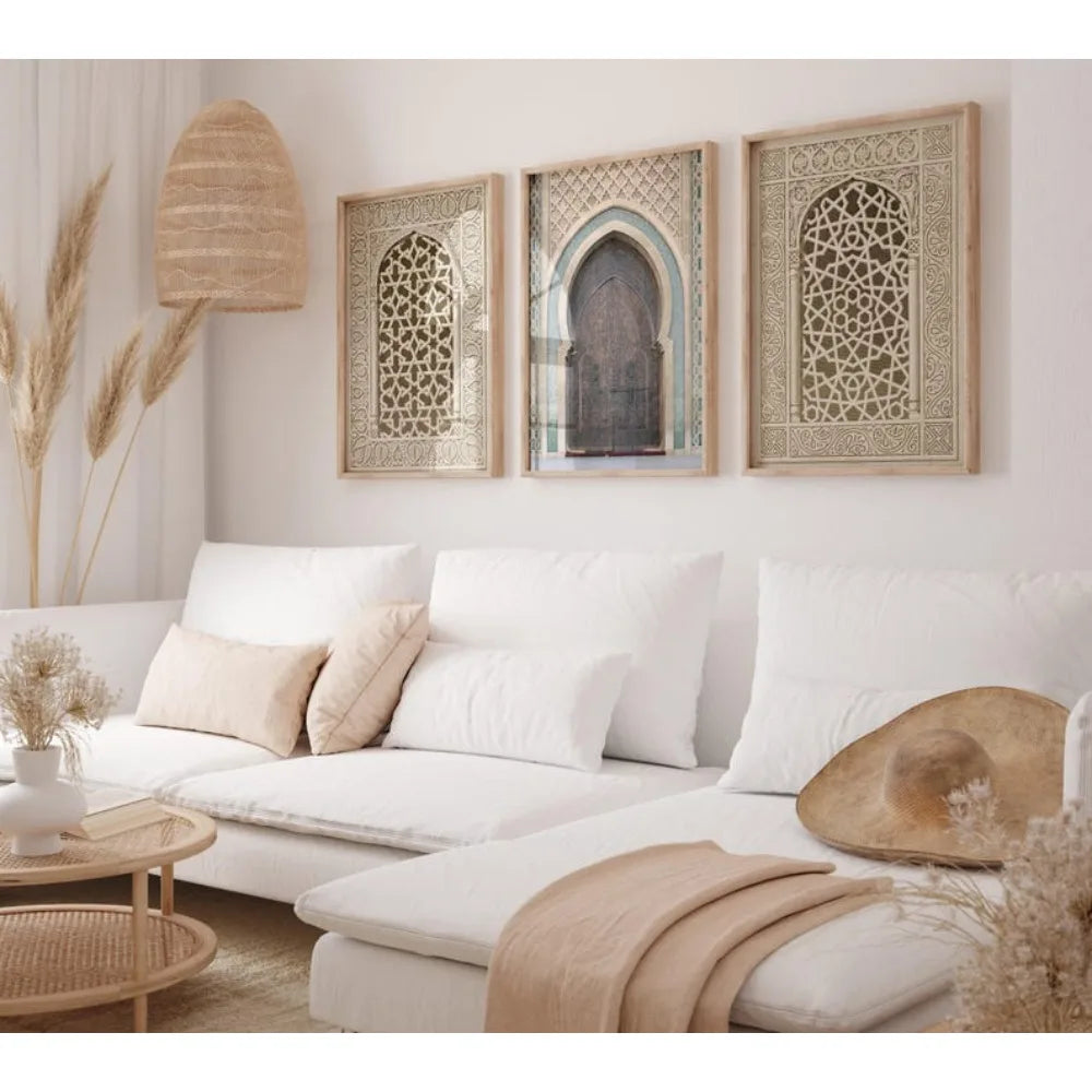 Moroccan Arch Window Canvas Print — 3-Panel Geometric Wall Art Set