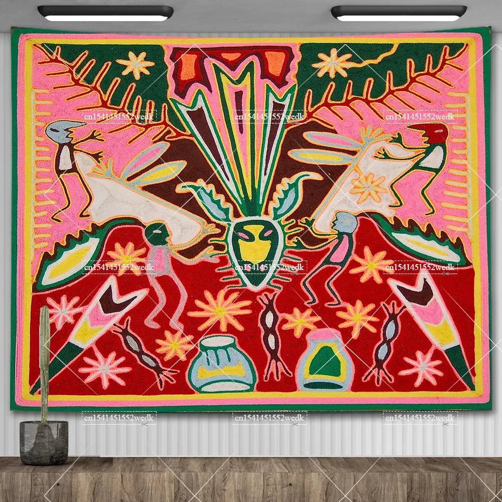 Huichol-Inspired Mexican Yarn Art Tapestry Wall Hanging – Vibrant Mandala Home Decor
