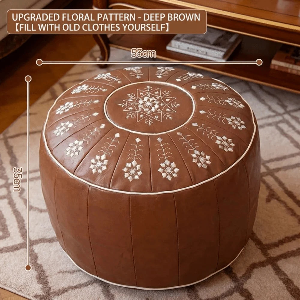 Moroccan-Style Round Ottoman Pouf Cover – Fillable Faux Leather Floor Seat, Boho Pattern Storage Stool