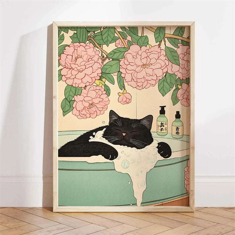 Japanese Ukiyo-e Style Funny Black Cat Bathroom Poster Print Canvas Painting Wall Art Picture for Kitchen Bathroom Home Decor