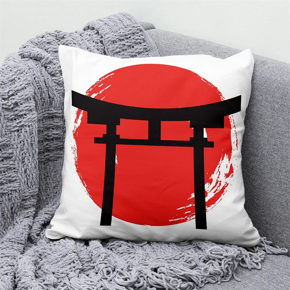 Lucky Cat Japanese Style Sofa Bed Decorative Pillow Cover Home Decor Mount Fuji  Art Cushion