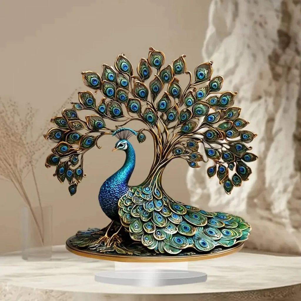 Decorative Acrylic Peacock Figurine — Jeweled Tabletop Ornament
