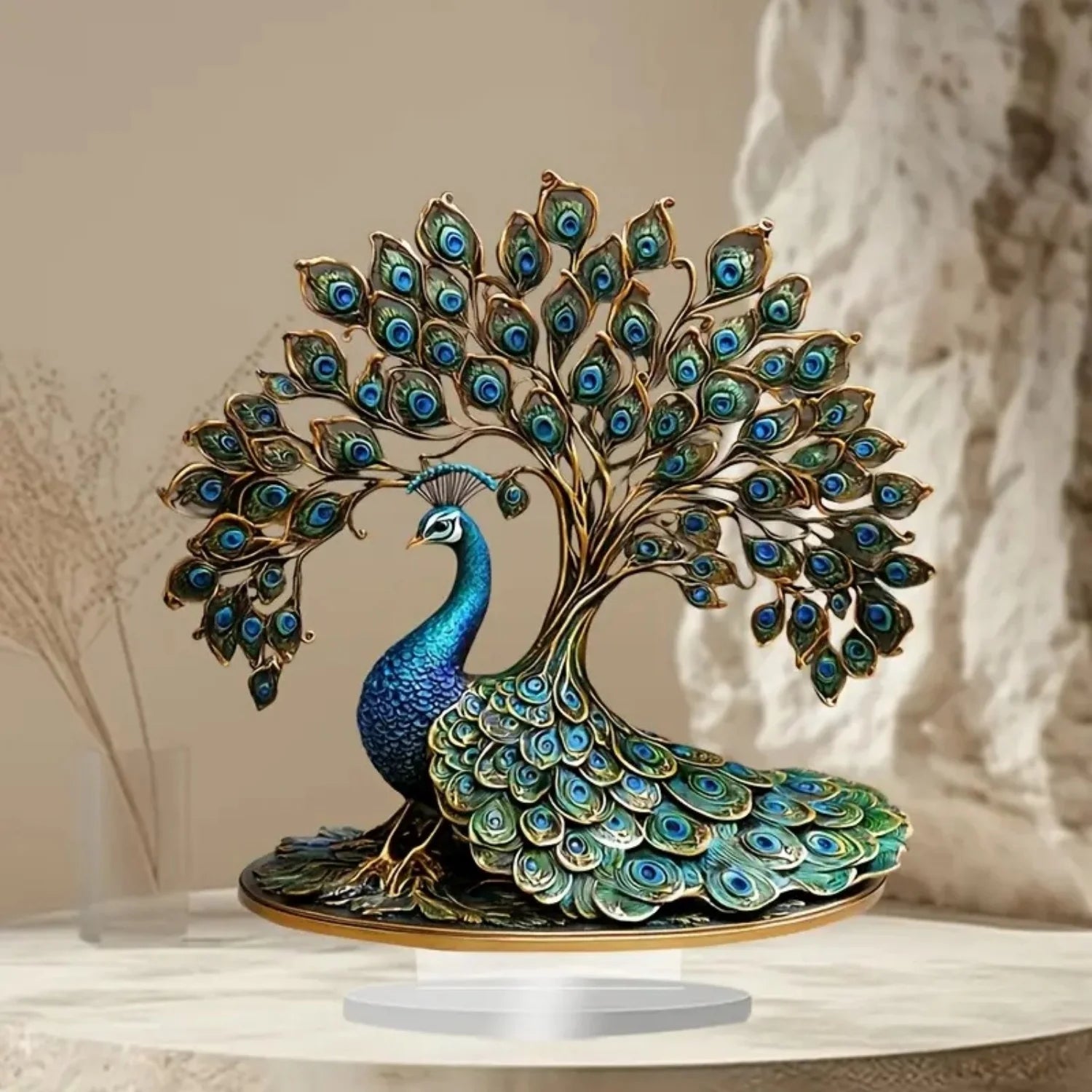 Decorative Acrylic Peacock Figurine — Jeweled Tabletop Ornament