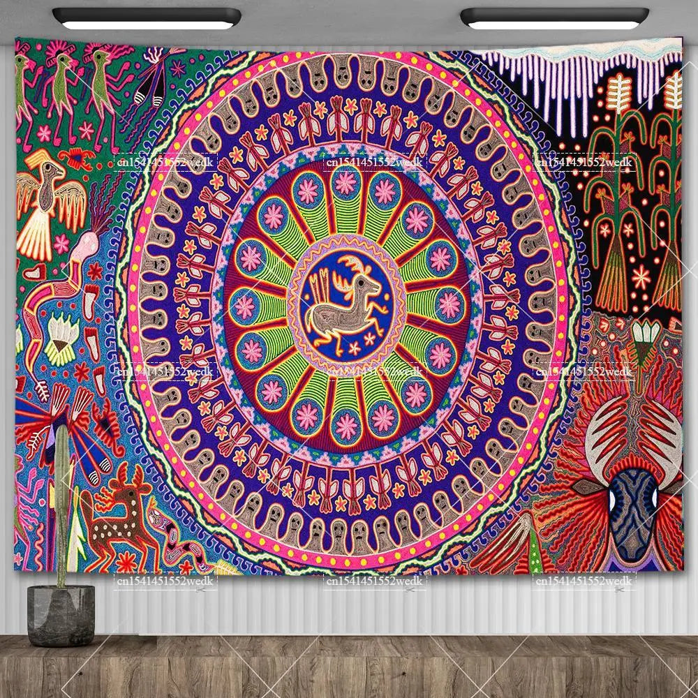 Huichol-Inspired Mexican Yarn Art Tapestry Wall Hanging – Vibrant Mandala Home Decor