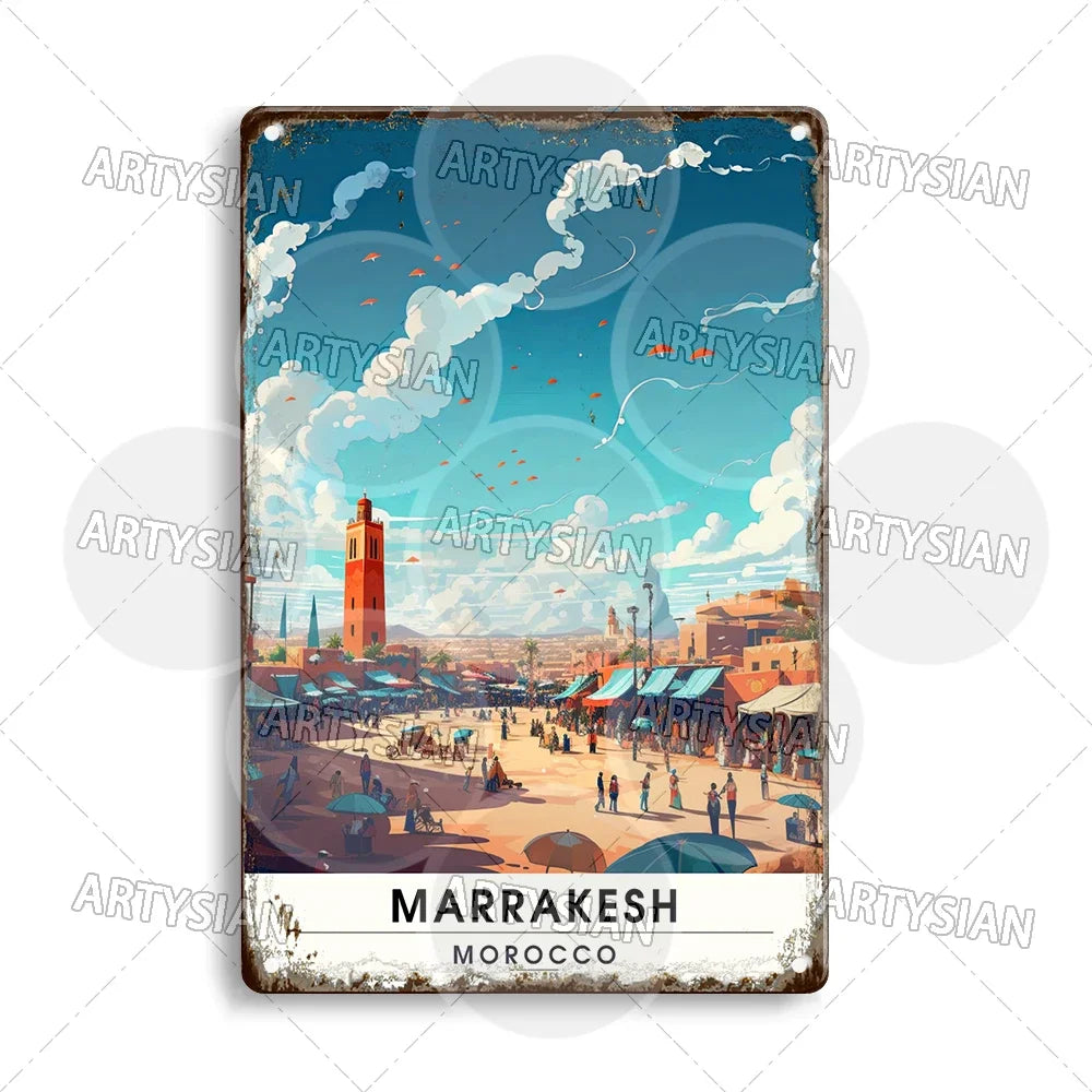 Maghreb Travel Cityscape Metal Sign Egypt Algiers Algeria Djerba Tunisia Marrakesh Morocco Alger Hoggar Oran Casablanca Agadir