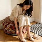 Moroccan-Style Round Ottoman Pouf Cover – Fillable Faux Leather Floor Seat, Boho Pattern Storage Stool