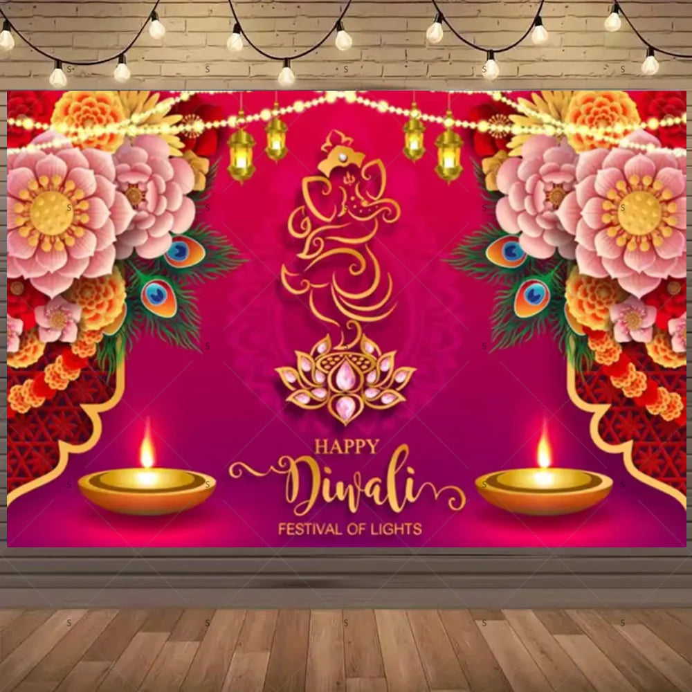 Happy Diwali Backdrop — Diya & Lotus Festival Photo Banner, 25 Designs