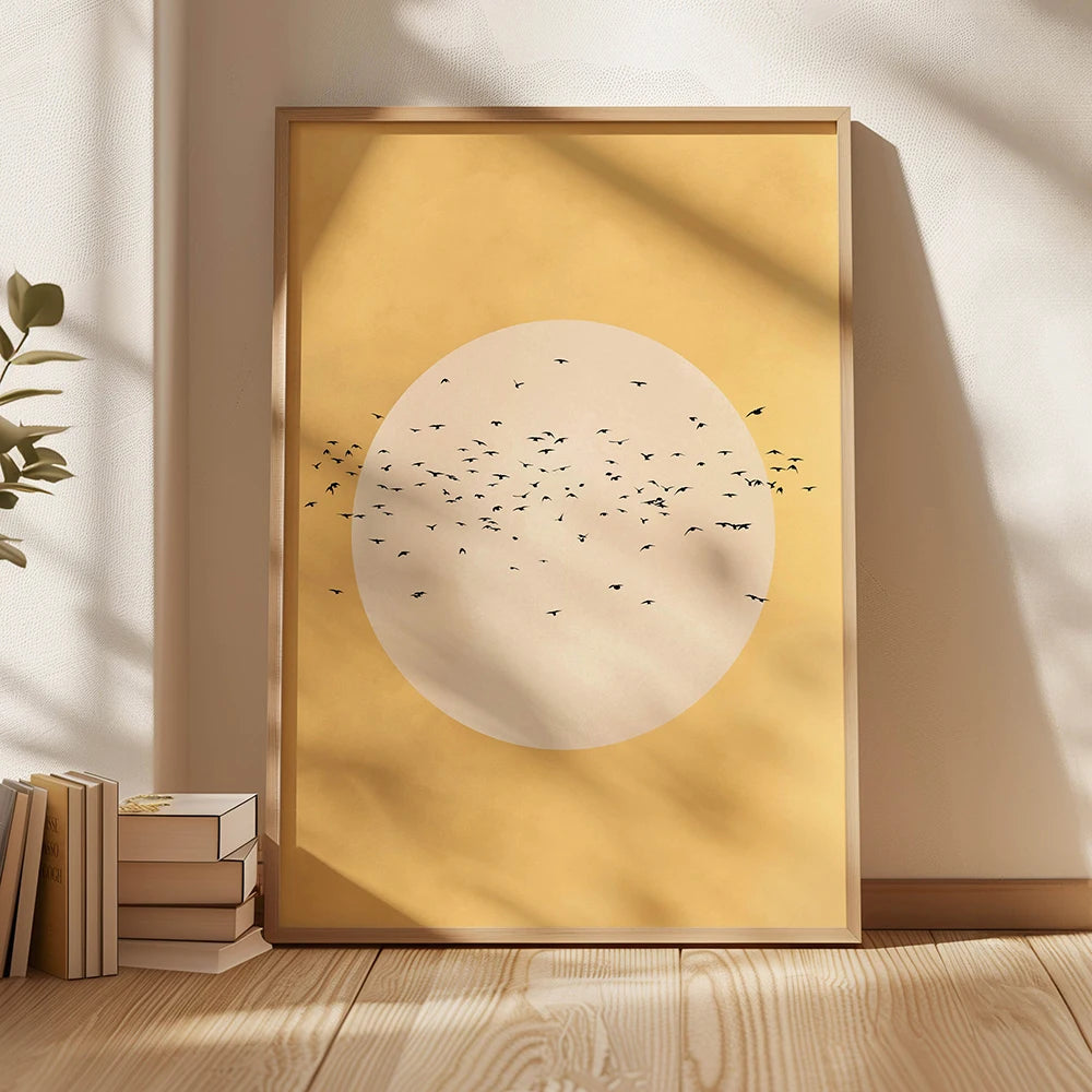 Japandi Flying Birds Wall Art — Sage Green & Gold Print