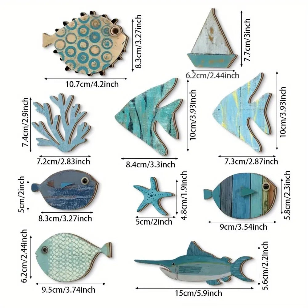 Rustic Ocean Fish Wall Art — 10-Piece Wooden Decorative Plates