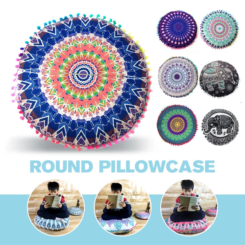 Indian Mandala Round Floor Cushion Cover — Boho Pom-Pom Pouf Cover