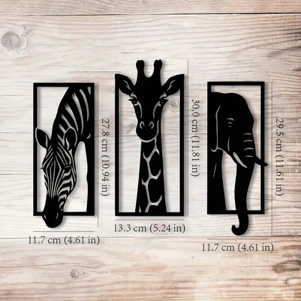 Safari Animal Metal Wall Art Set — 3-Piece Elephant, Giraffe & Zebra Décor