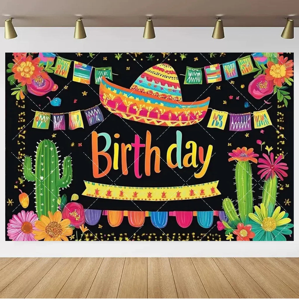 Mexican Fiesta Photo Backdrop — Cinco de Mayo Cactus & Guitar Party Banner