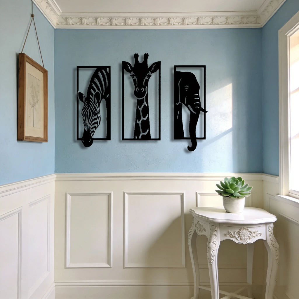 Safari Animal Metal Wall Art Set — 3-Piece Elephant, Giraffe & Zebra Décor