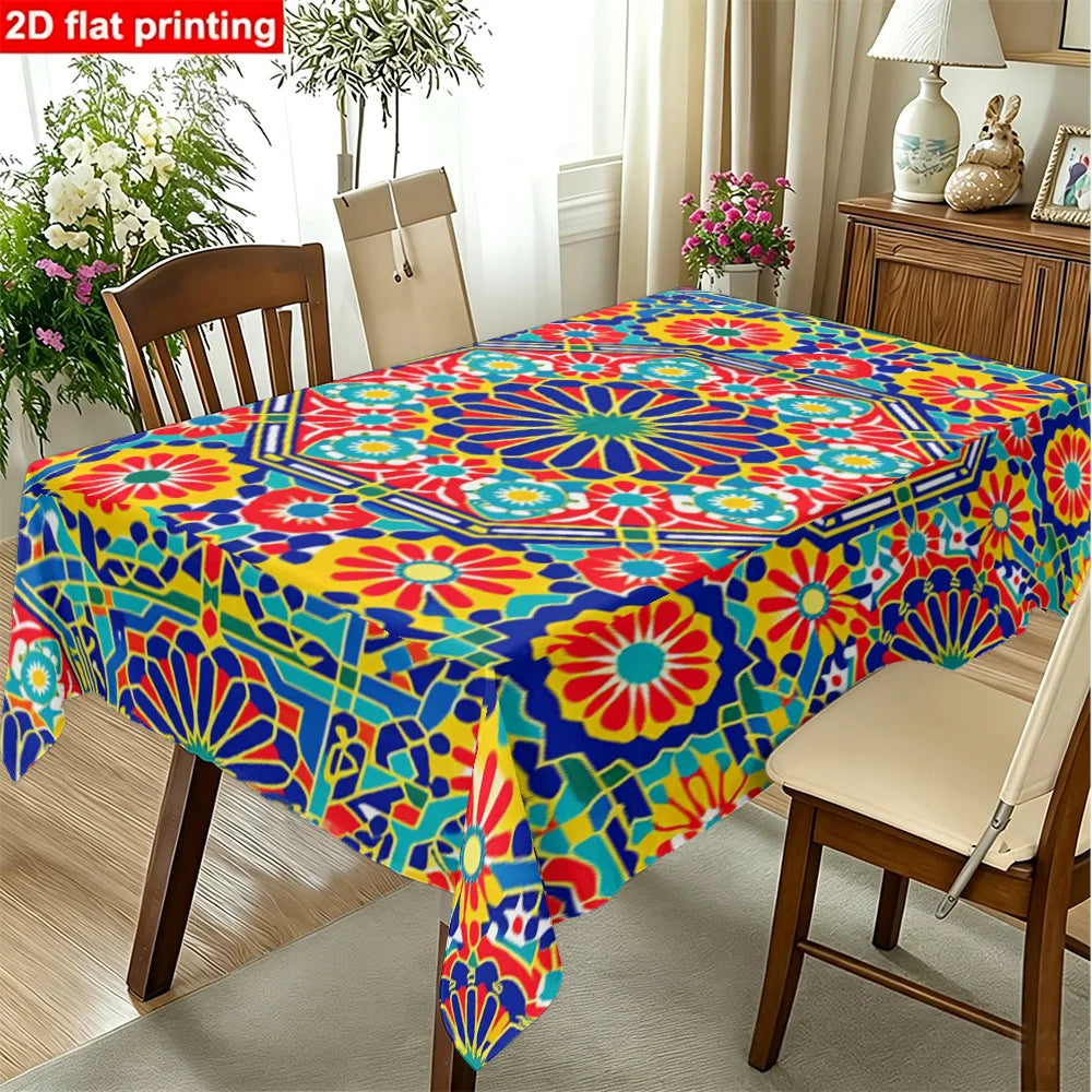 Moroccan Zellige Tile Tablecloth — Vibrant Geometric Floral Table Cover