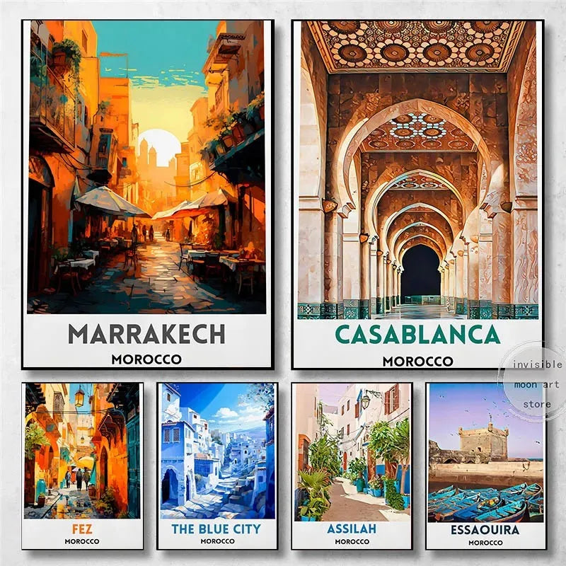 Travel Moroccan Art Casablanca Marrakesh Fes Building Art Poster Canvas Painting Wall Prints Picture for Room Home Decor