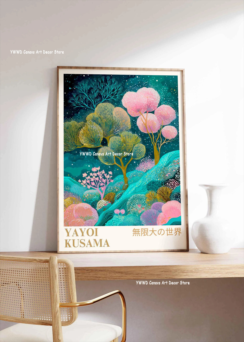 Yayoi Kusama Pink Jellyfish — Mount Fuji Abstract Canvas Print