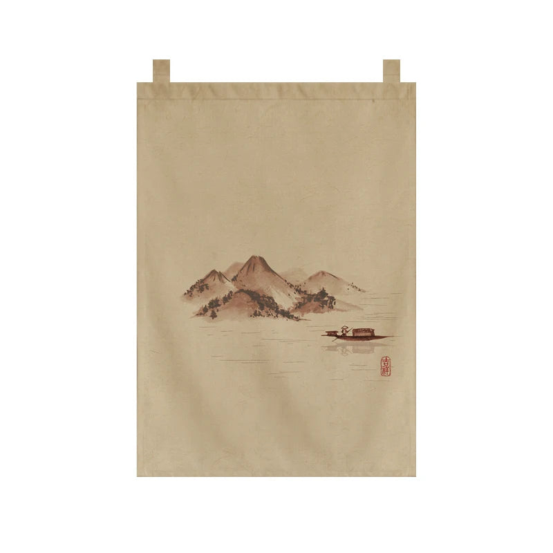 Japanese Tea Room Noren Curtain — Koi Fish & Kanji Calligraphy Panel Set