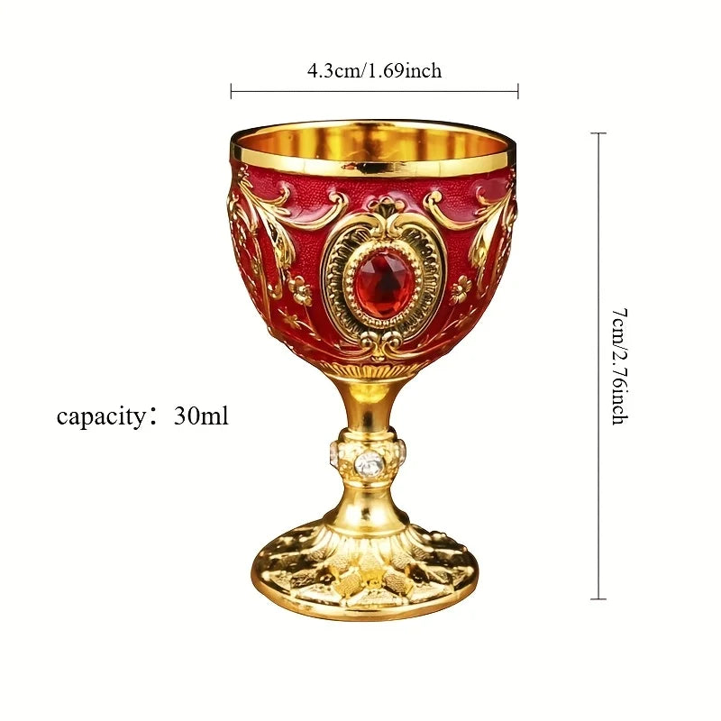 Vintage Embossed Metal Wine Goblet — Gemstone Accent Decorative Cup
