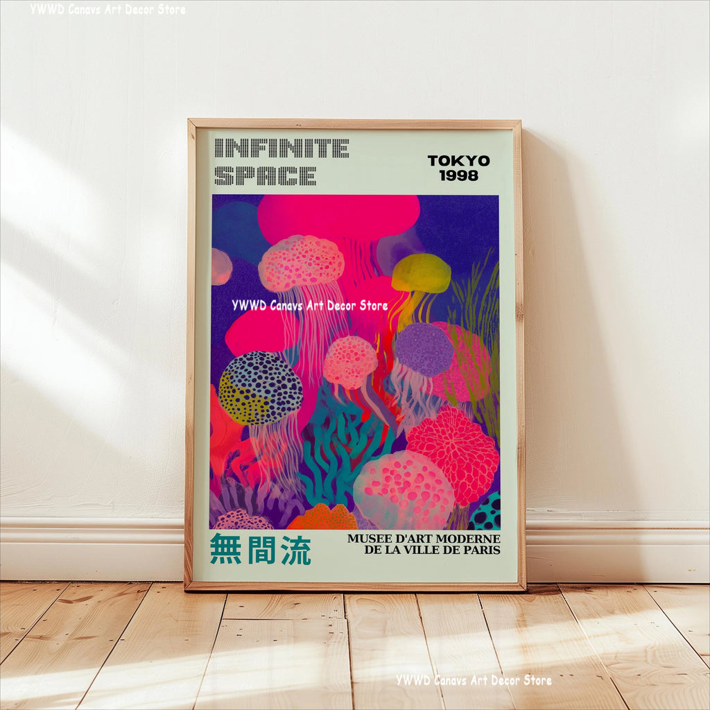 Yayoi Kusama Pink Jellyfish — Mount Fuji Abstract Canvas Print