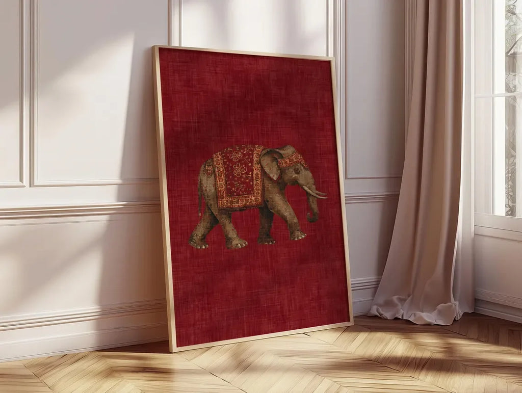 Red Tribal Elephant Wall Art — Indian Boho Canvas Print